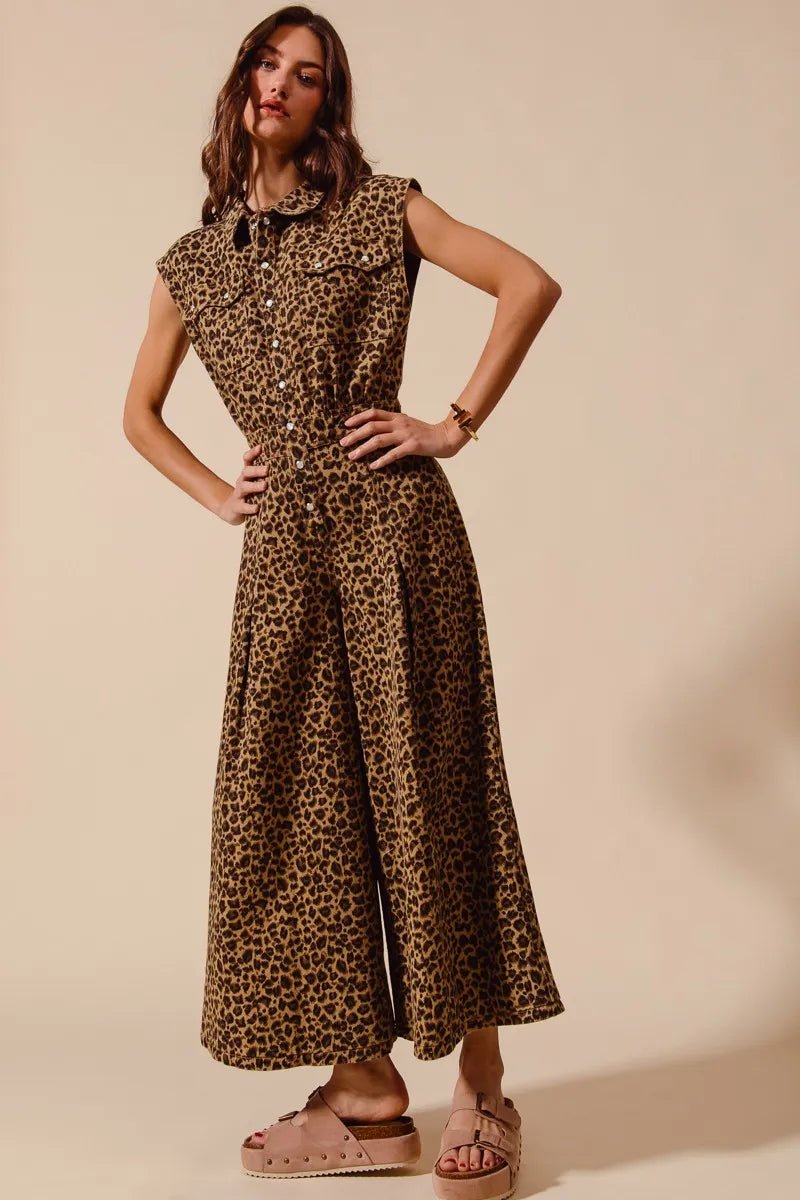 SO ME Wide Leg Leopard Twill Overalls Jumpsuit with Tuck - Robbi & Angel
