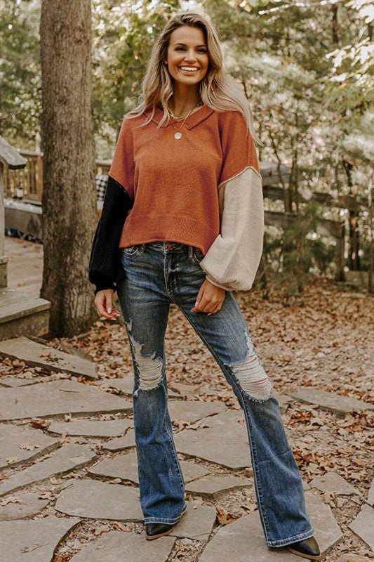 Colorblock Raw Edge Bubble Sleeve V - Neck Sweater - Robbi & Angel