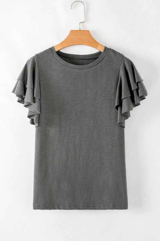 Dark Grey Ruffle Sleeve Plain Blouse - Robbi & Angel