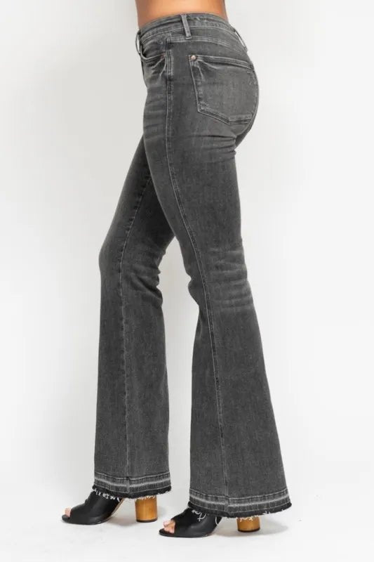 Judy Blue Full Size Mid Rise Tummy Control Washed Gray Release Hem Flare Jeans Plus Size - Robbi & Angel