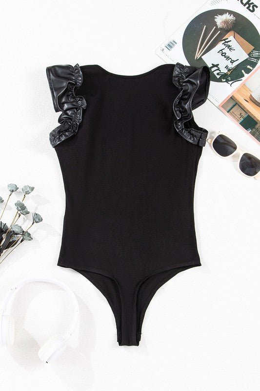 Ruffle Patchwork Ribbed V Neck Bodysuit - Robbi & Angel