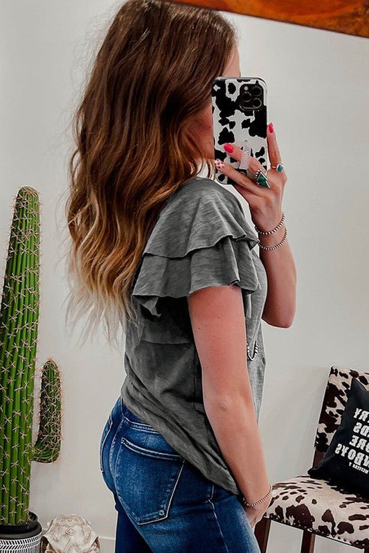 Dark Grey Ruffle Sleeve Plain Blouse - Robbi & Angel