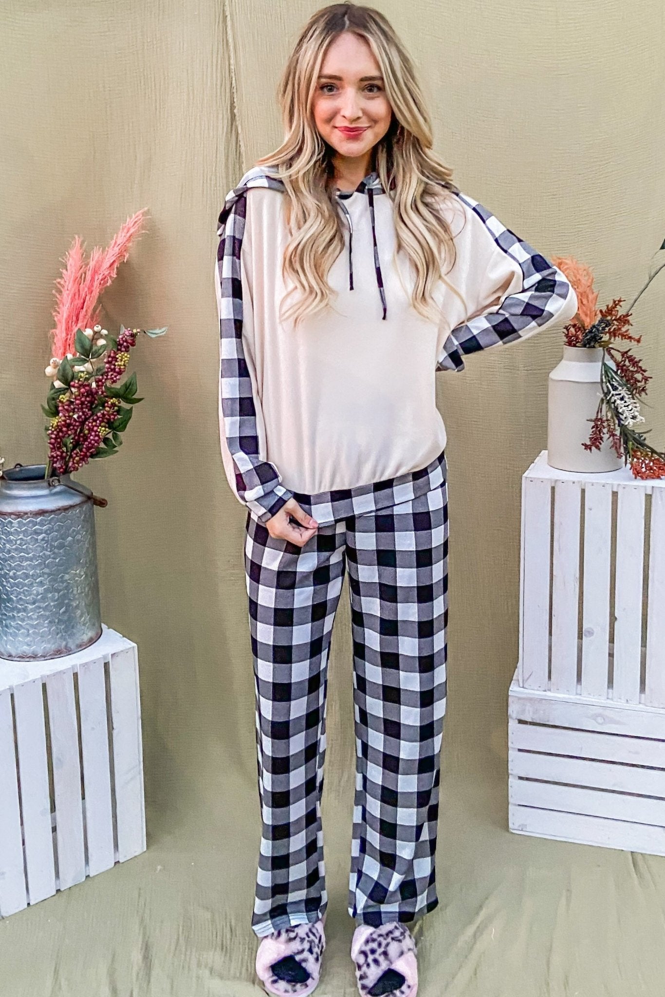 And The Why Drawstring Hooded Top and Plaid Pants Lounge Set - Robbi & Angel