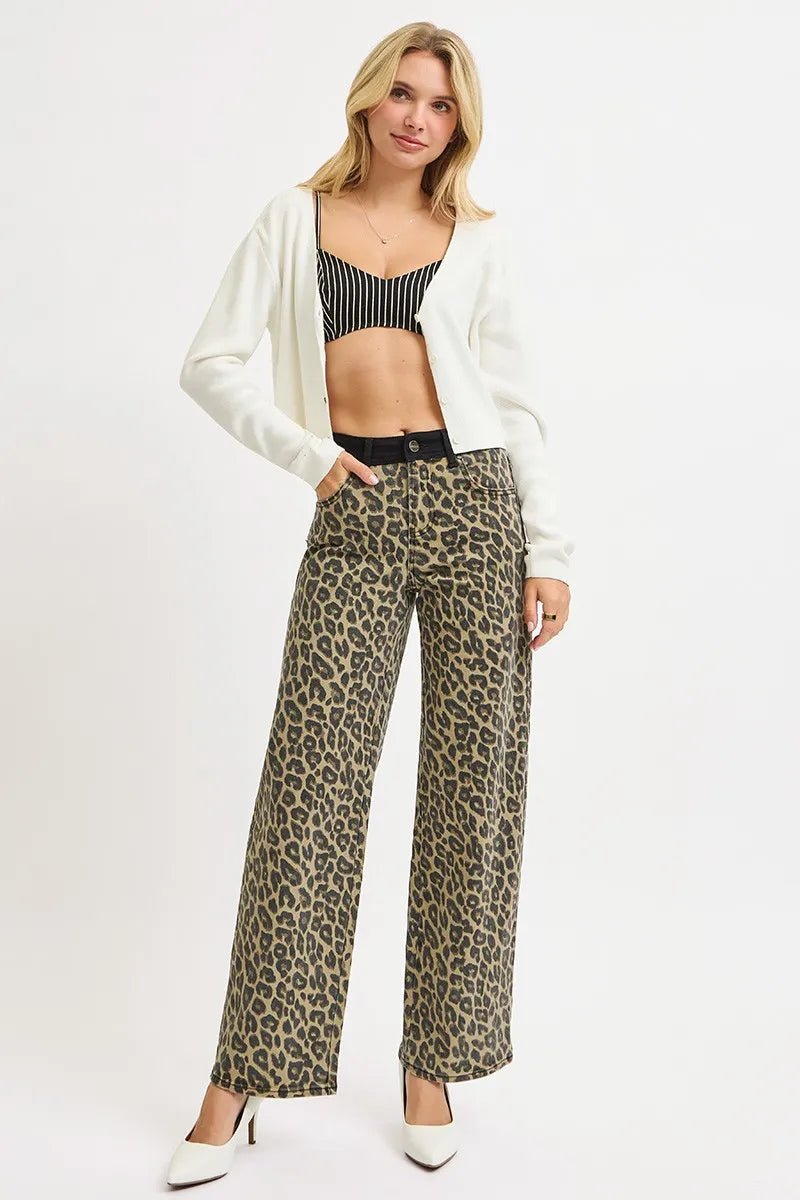 RISEN High Rise Wide Leg Leopard Printed Jeans with Contrast Waist Band Detail - Robbi & Angel