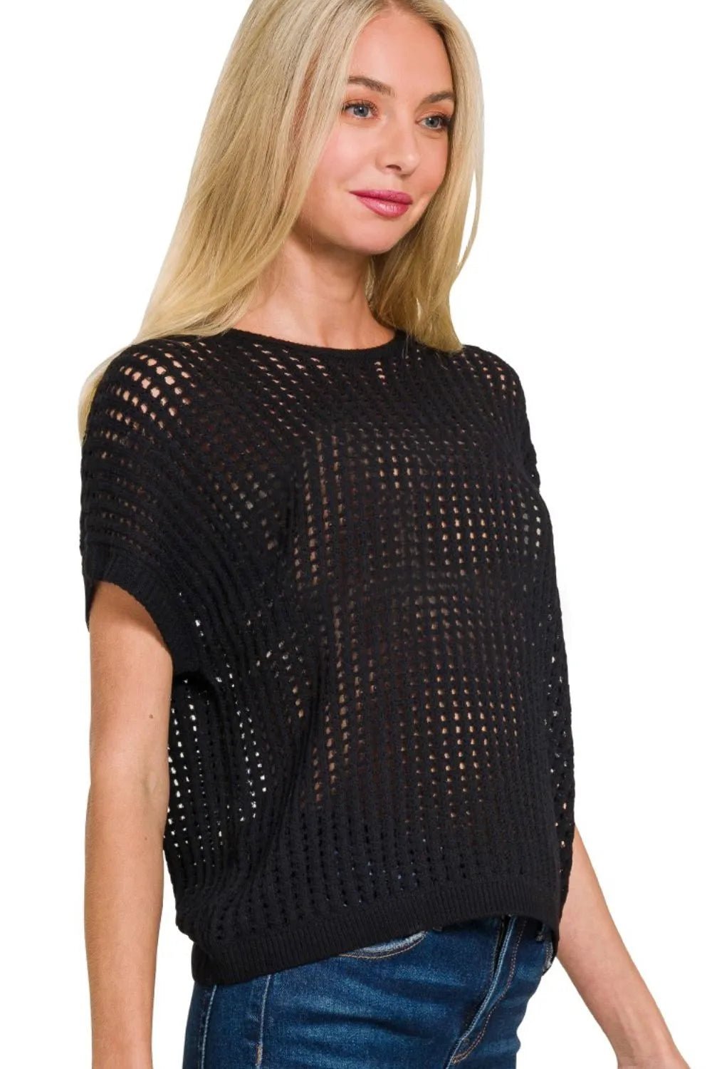 Zenana Viscose Crochet Knit Sheer Hollow Sweater - Robbi & Angel