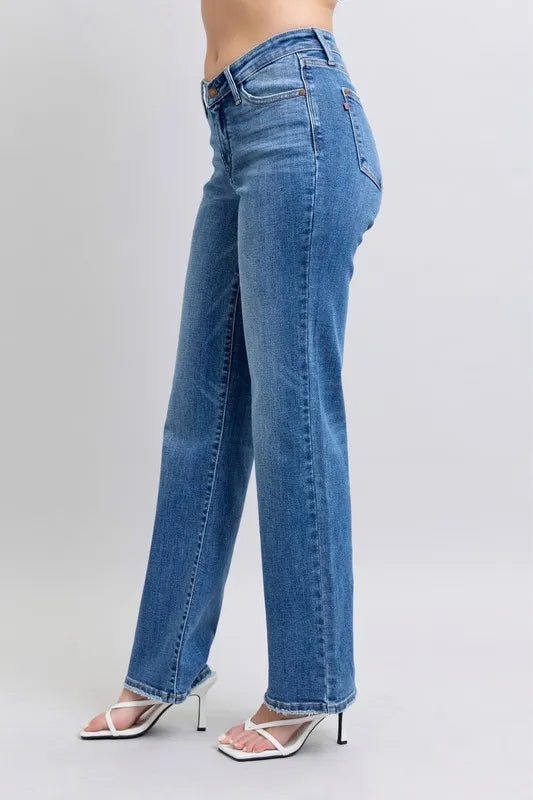 Judy Blue Full Size High Waist V - Front Vintage Wash Straight Jeans Plus Size - Robbi & Angel