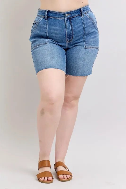 Judy Blue Full Size Mid Rise Bermudas Denim Shorts W/ Back Flap Pockets Plus Size - Robbi & Angel