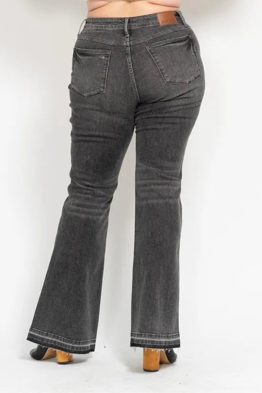 Judy Blue Full Size Mid Rise Tummy Control Washed Gray Release Hem Flare Jeans Plus Size - Robbi & Angel