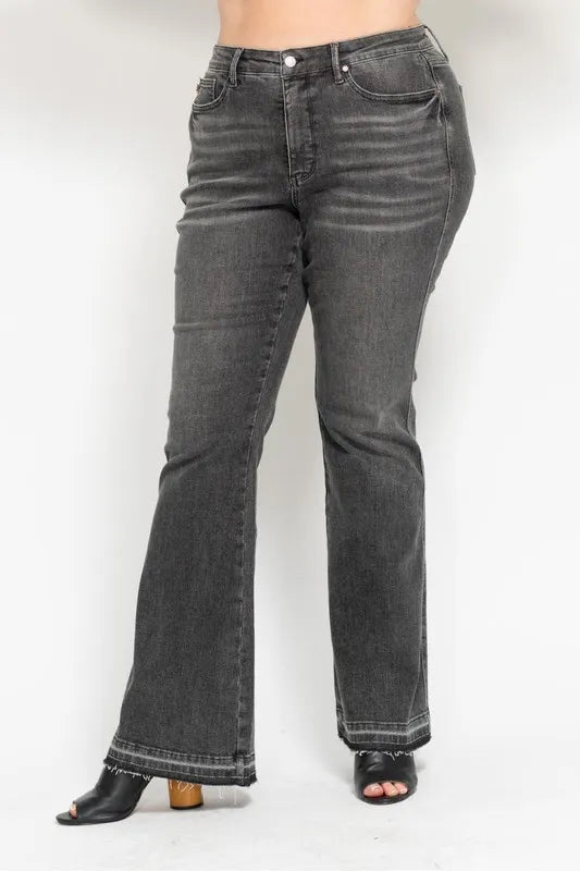 Judy Blue Full Size Mid Rise Tummy Control Washed Gray Release Hem Flare Jeans Plus Size - Robbi & Angel