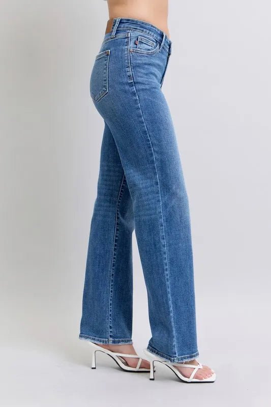 Judy Blue Full Size High Waist V - Front Vintage Wash Straight Jeans Plus Size - Robbi & Angel
