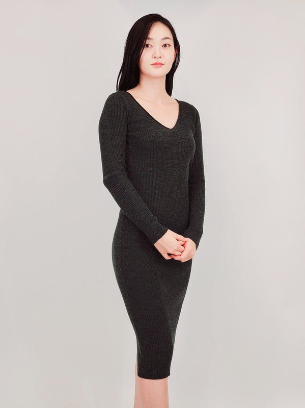 V - Neck Sheer Ribbed Knit Long Sleeve Sweater Dress - Robbi & Angel