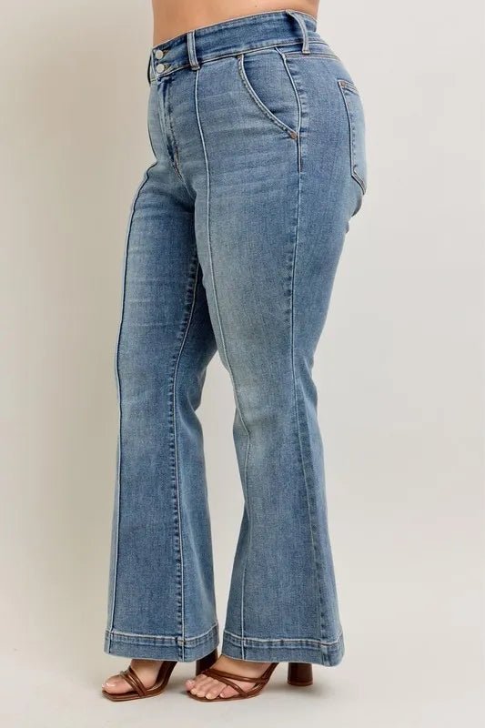 Judy Blue Full Size High - Waist Flare Denim Jeans with Front Seam Detail Plus Size - Robbi & Angel