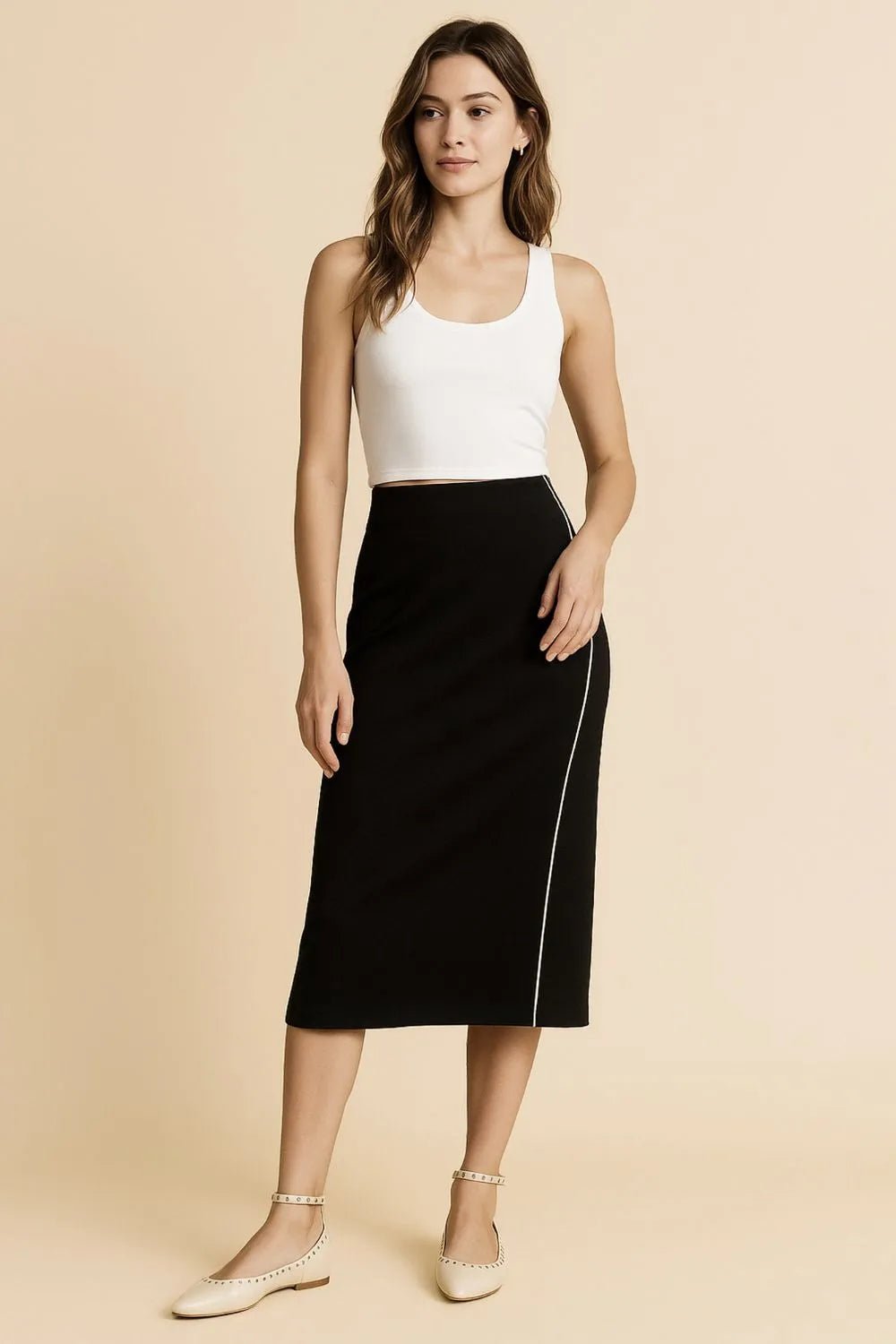 Umgee Midi Pencil Skirt with Contrast Piping Detail - Robbi & Angel