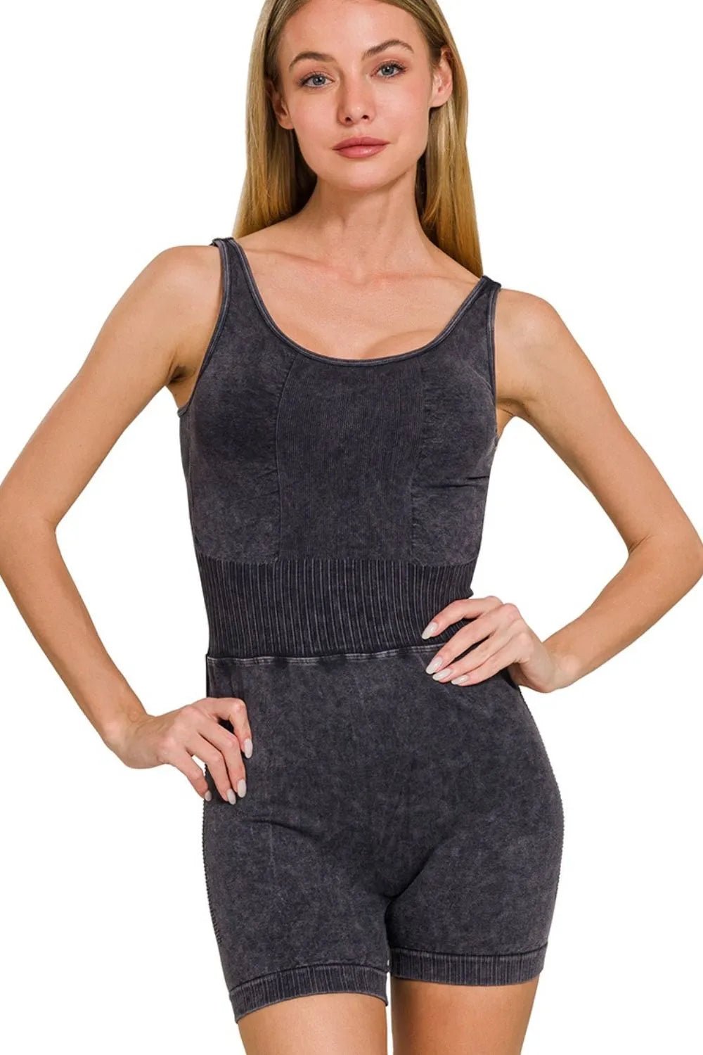 Zenana Washed Sports Romper With Removable Bra Pad - Robbi & Angel