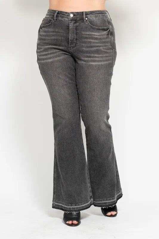 Judy Blue Full Size Mid Rise Tummy Control Washed Gray Release Hem Flare Jeans Plus Size - Robbi & Angel