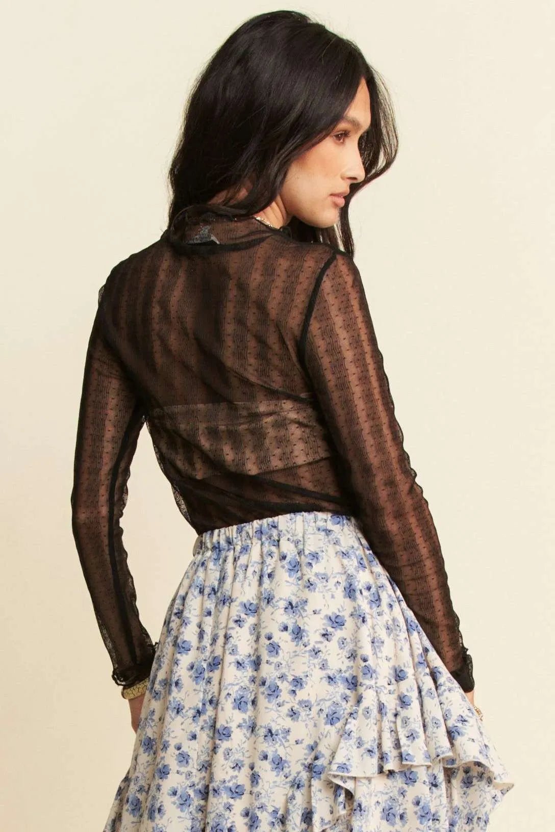 Davi & Dani Turtle Neck Lace Dotted Stretch Mesh Sheer Top - Robbi & Angel