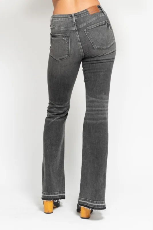 Judy Blue Full Size Mid Rise Tummy Control Washed Gray Release Hem Flare Jeans Plus Size - Robbi & Angel