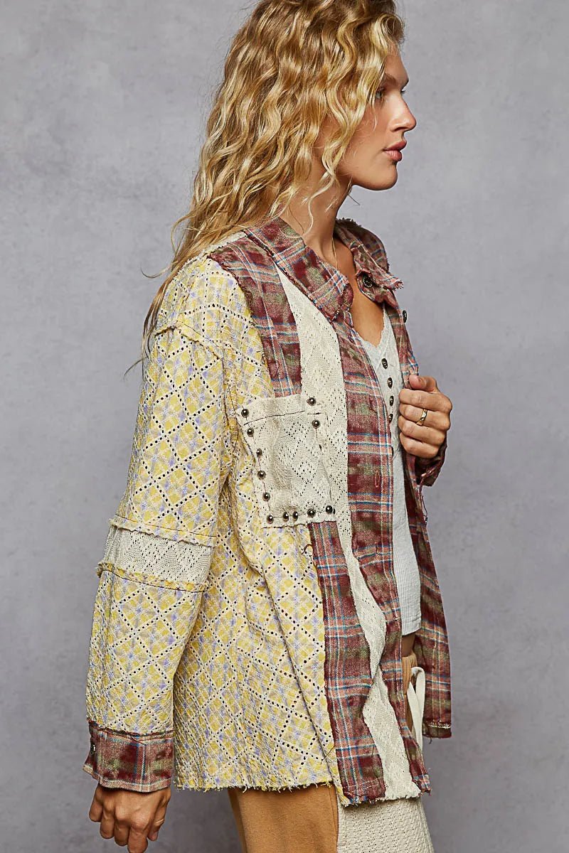 POL Studded Contrast Plaid Long Sleeve Shirt - Robbi & Angel