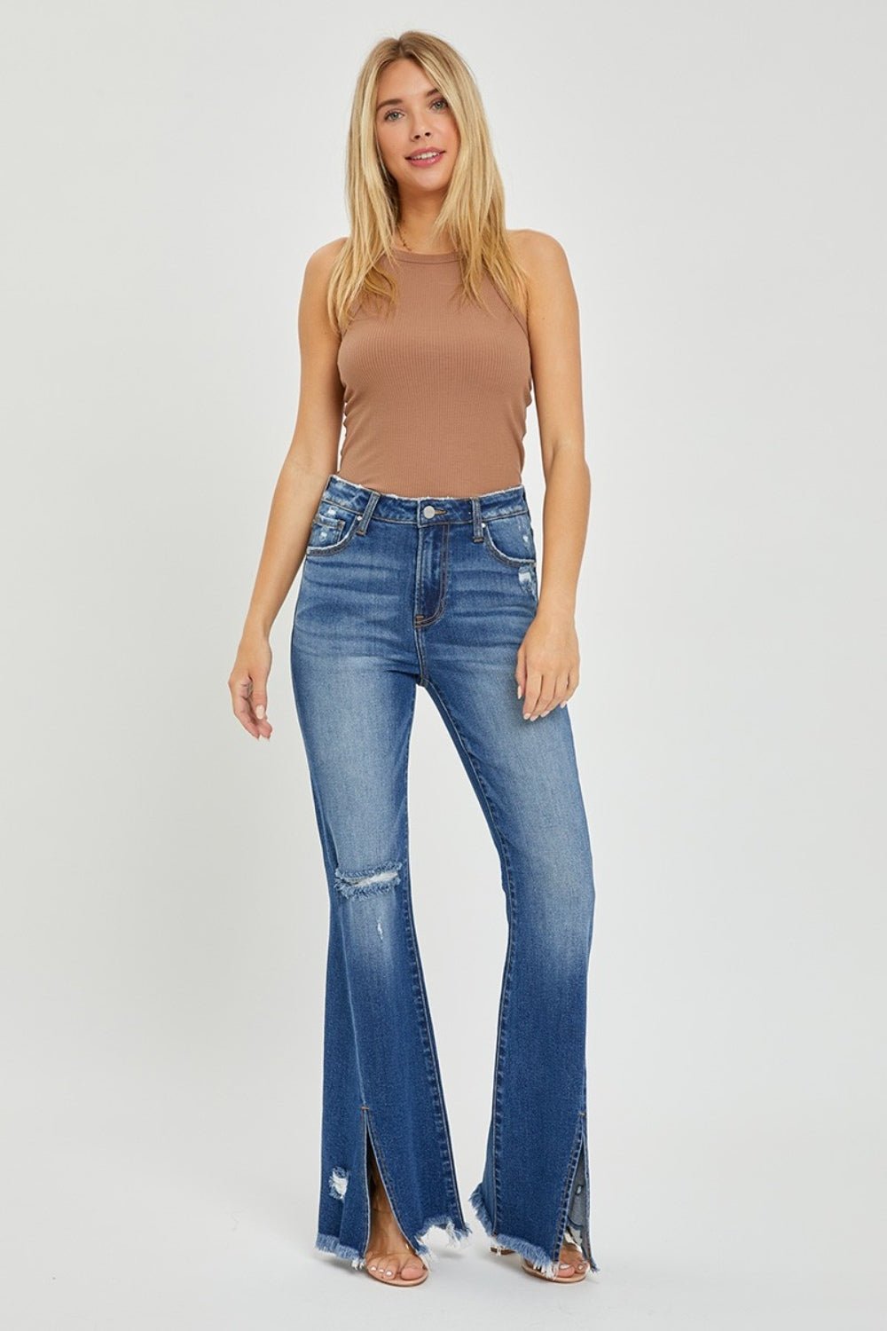 RISEN Full Size High Rise Front Slit Frayed Hem Flare Jeans - Robbi & Angel