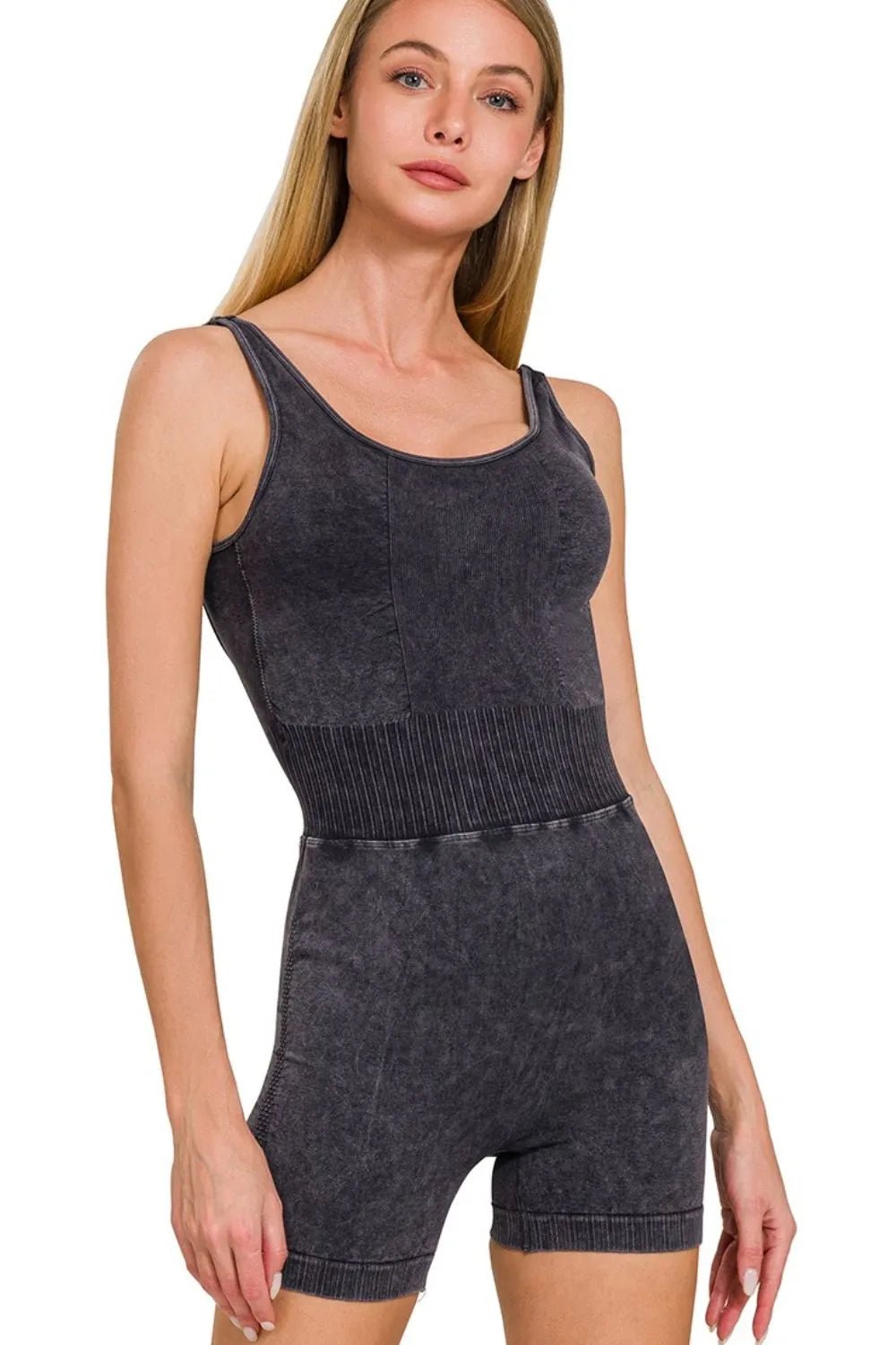 Zenana Washed Sports Romper With Removable Bra Pad - Robbi & Angel