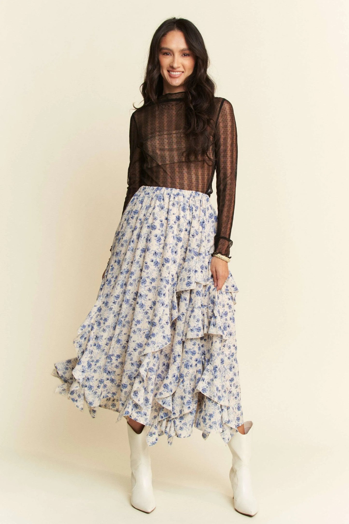 Davi & Dani Turtle Neck Lace Dotted Stretch Mesh Sheer Top - Robbi & Angel