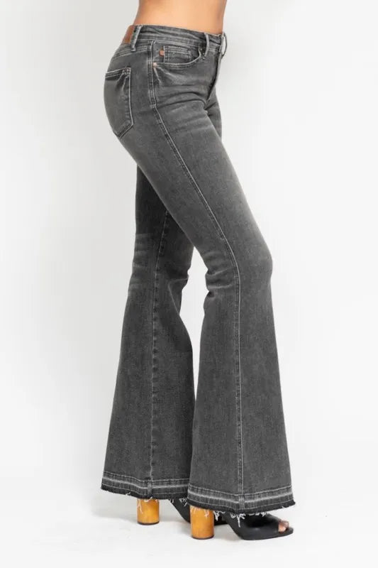 Judy Blue Full Size Mid Rise Tummy Control Washed Gray Release Hem Flare Jeans Plus Size - Robbi & Angel