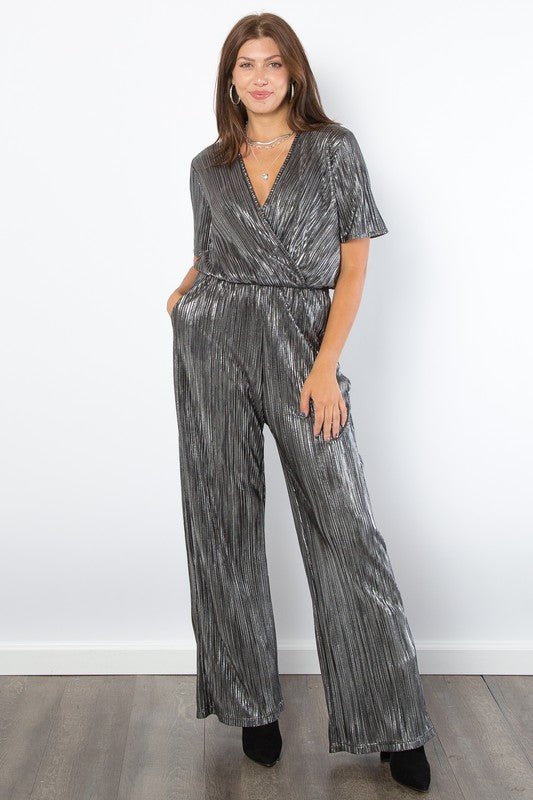 Be Stage Surplice Short Sleeve Pleated Foil Jumpsuit - Robbi & Angel