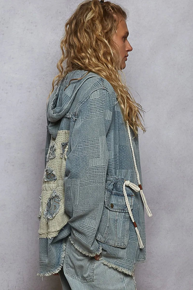 POL Raw Hem Drawstring Zip Up Hooded Denim Jacket - Robbi & Angel