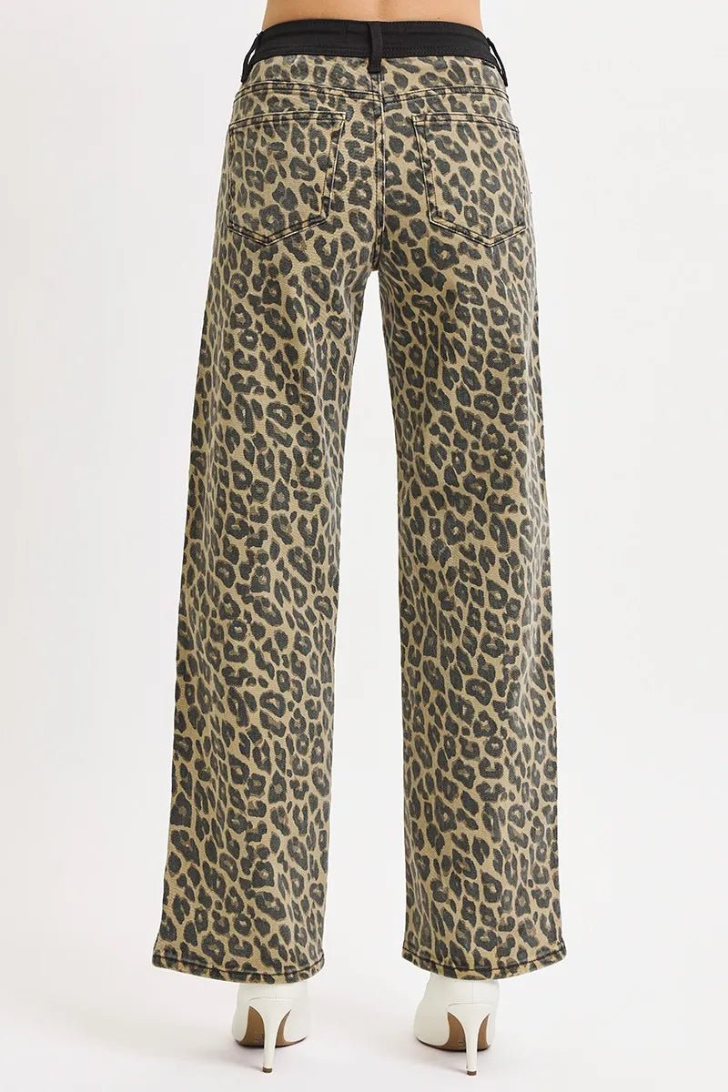 RISEN High Rise Wide Leg Leopard Printed Jeans with Contrast Waist Band Detail - Robbi & Angel