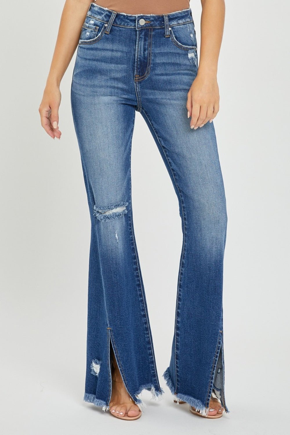 RISEN Full Size High Rise Front Slit Frayed Hem Flare Jeans - Robbi & Angel