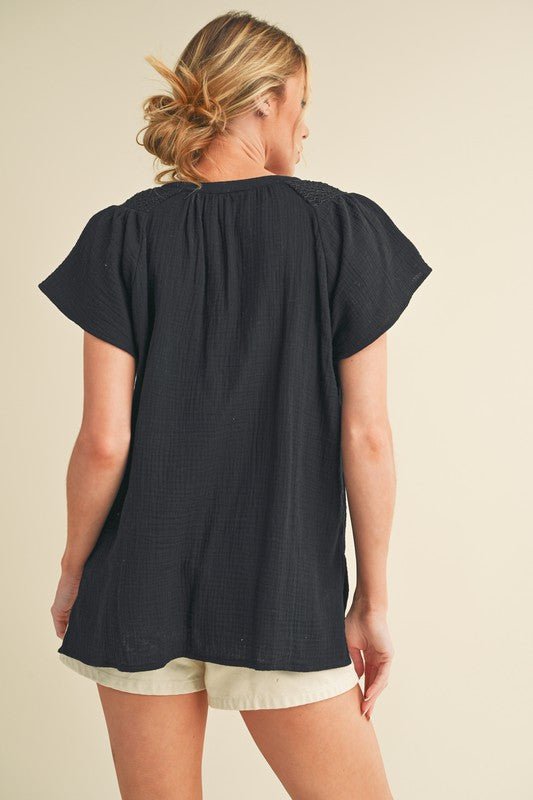 Aemi + Co Embroidered Trim Side Slit Notched Short Sleeve Blouse - Robbi & Angel