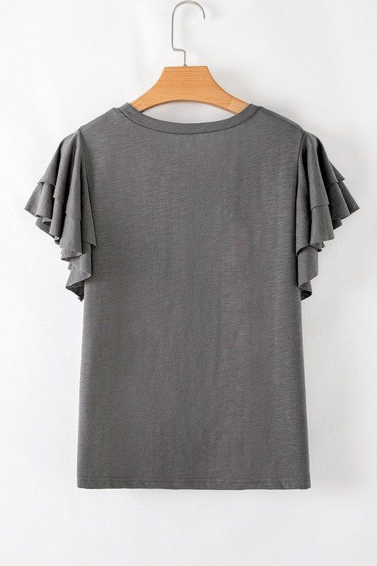 Dark Grey Ruffle Sleeve Plain Blouse - Robbi & Angel