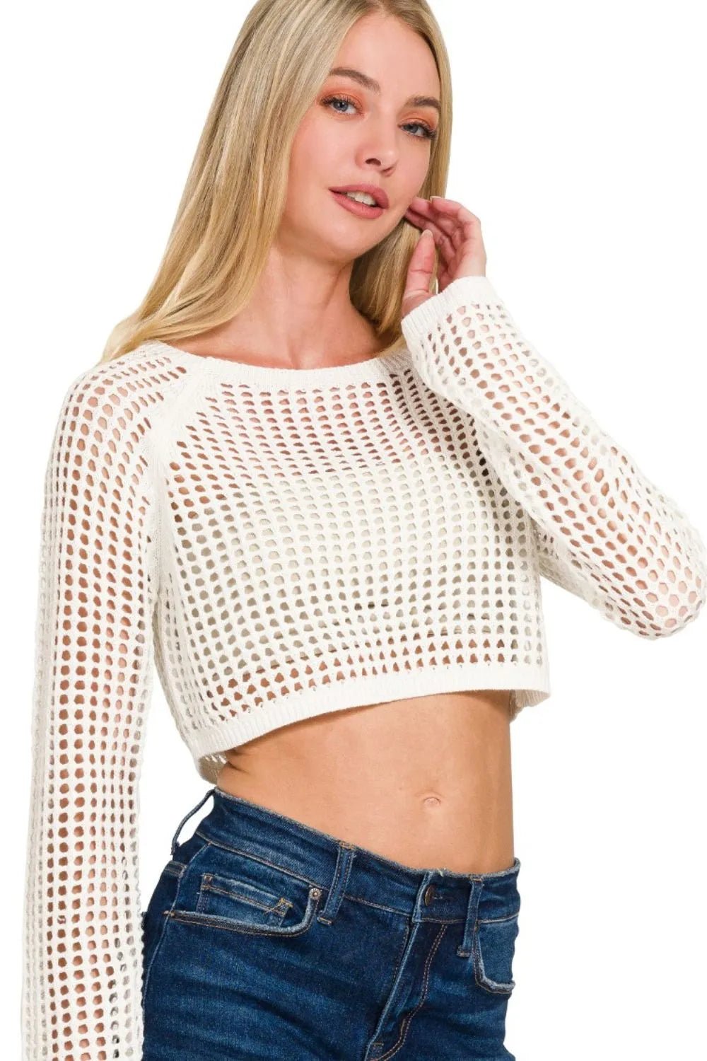 Hollow Knitted Cropped Round Neck Sweater - Robbi & Angel