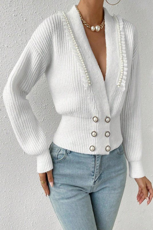 Deep V Double Breasted Pearl Beaded Decor Sweater - Robbi & Angel