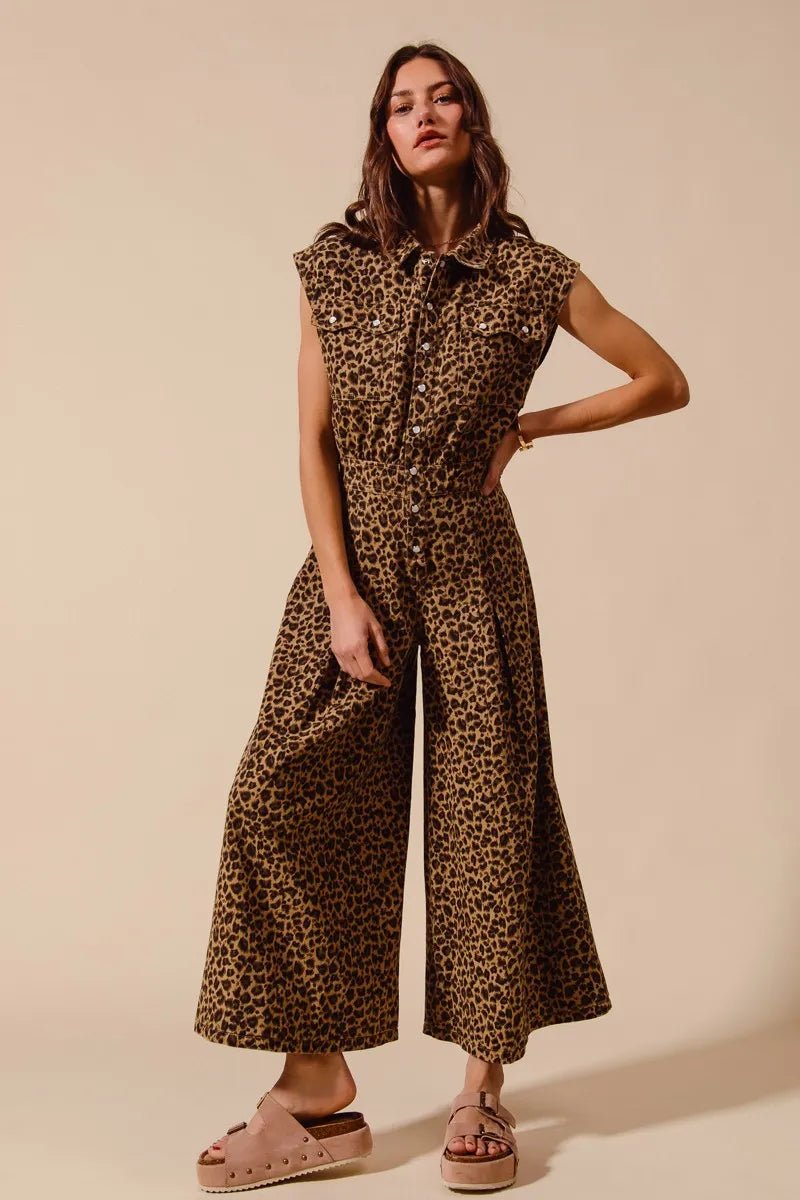 SO ME Wide Leg Leopard Twill Overalls Jumpsuit with Tuck - Robbi & Angel