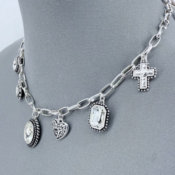 Silver Finish Filigree Necklace With Glass Design - Robbi & Angel
