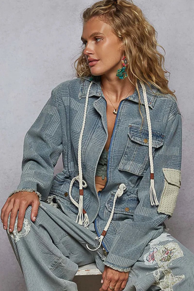 POL Raw Hem Drawstring Zip Up Hooded Denim Jacket - Robbi & Angel