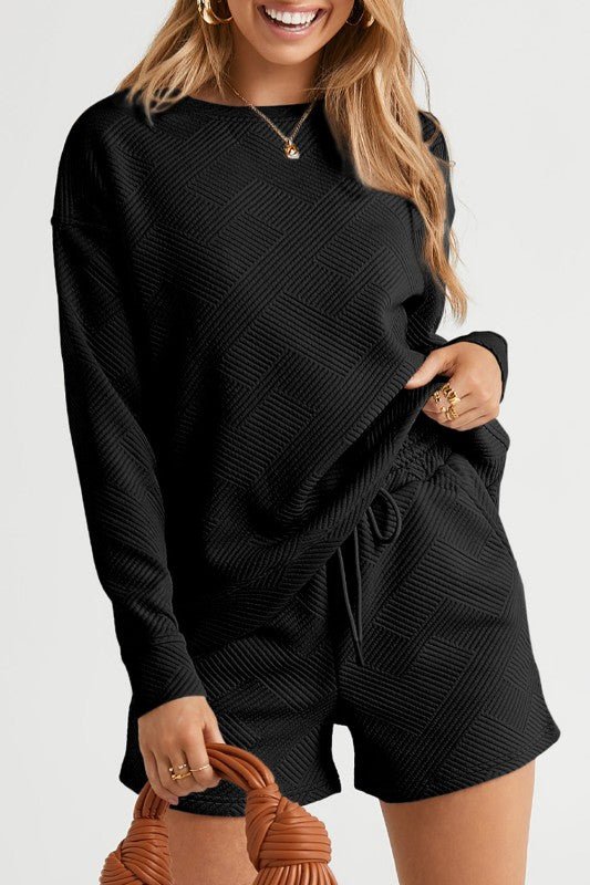 Adalyn Textured Long Sleeve Top and Drawstring Sho - Robbi & Angel