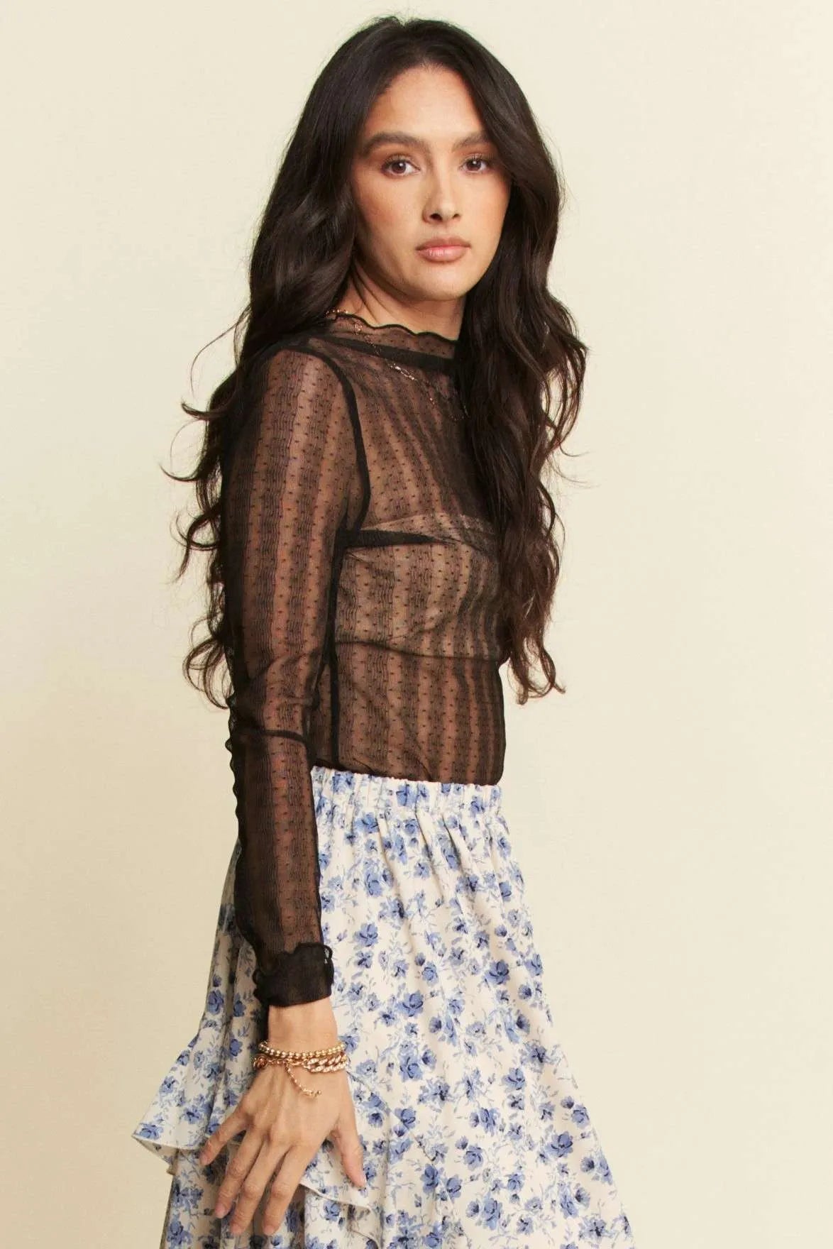 Davi & Dani Turtle Neck Lace Dotted Stretch Mesh Sheer Top - Robbi & Angel