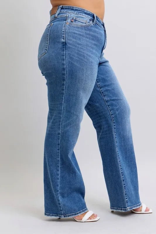 Judy Blue Full Size High Waist V - Front Vintage Wash Straight Jeans Plus Size - Robbi & Angel