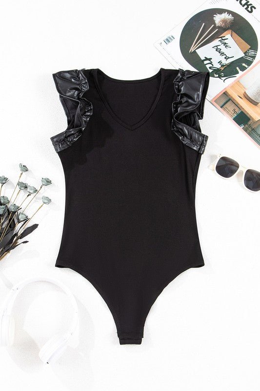 Ruffle Patchwork Ribbed V Neck Bodysuit - Robbi & Angel