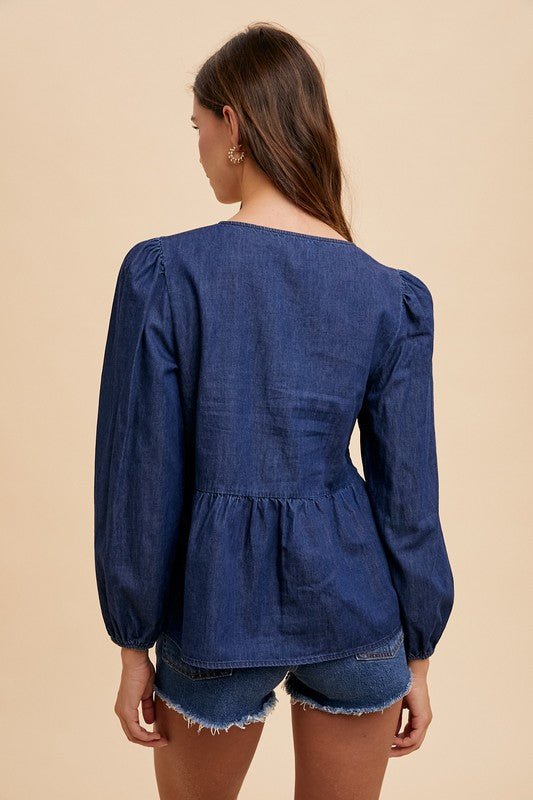 Annie Wear Tie Front Peplum Long Sleeve Denim Top - Robbi & Angel