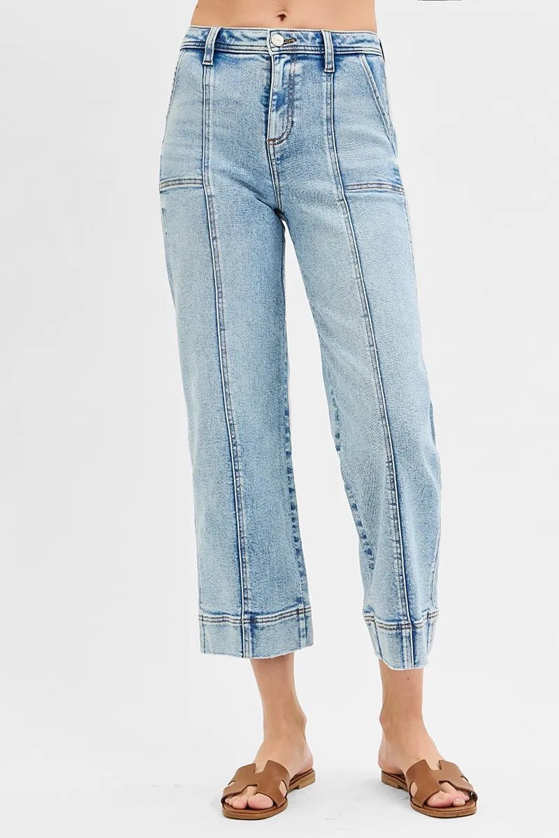 RISEN Full Size High Rise Crop Wide Front Seam Detailed Jeans Plus Size - Robbi & Angel