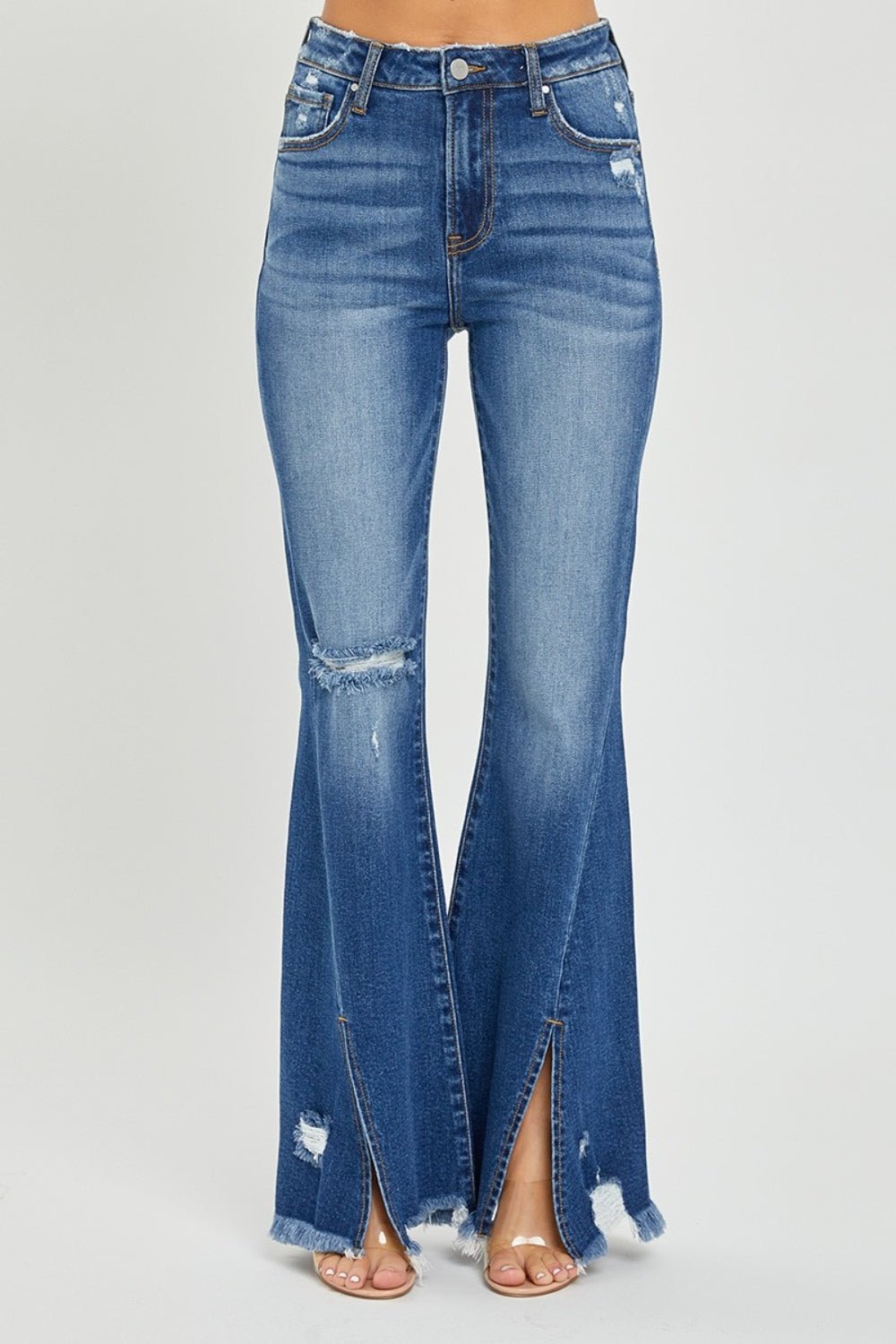 RISEN Full Size High Rise Front Slit Frayed Hem Flare Jeans - Robbi & Angel