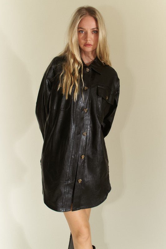 Davi & Dani Faux Leather Button Up Jacket with Chest Pockets - Robbi & Angel