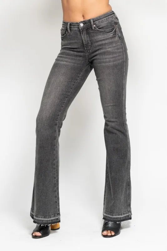 Judy Blue Full Size Mid Rise Tummy Control Washed Gray Release Hem Flare Jeans Plus Size - Robbi & Angel