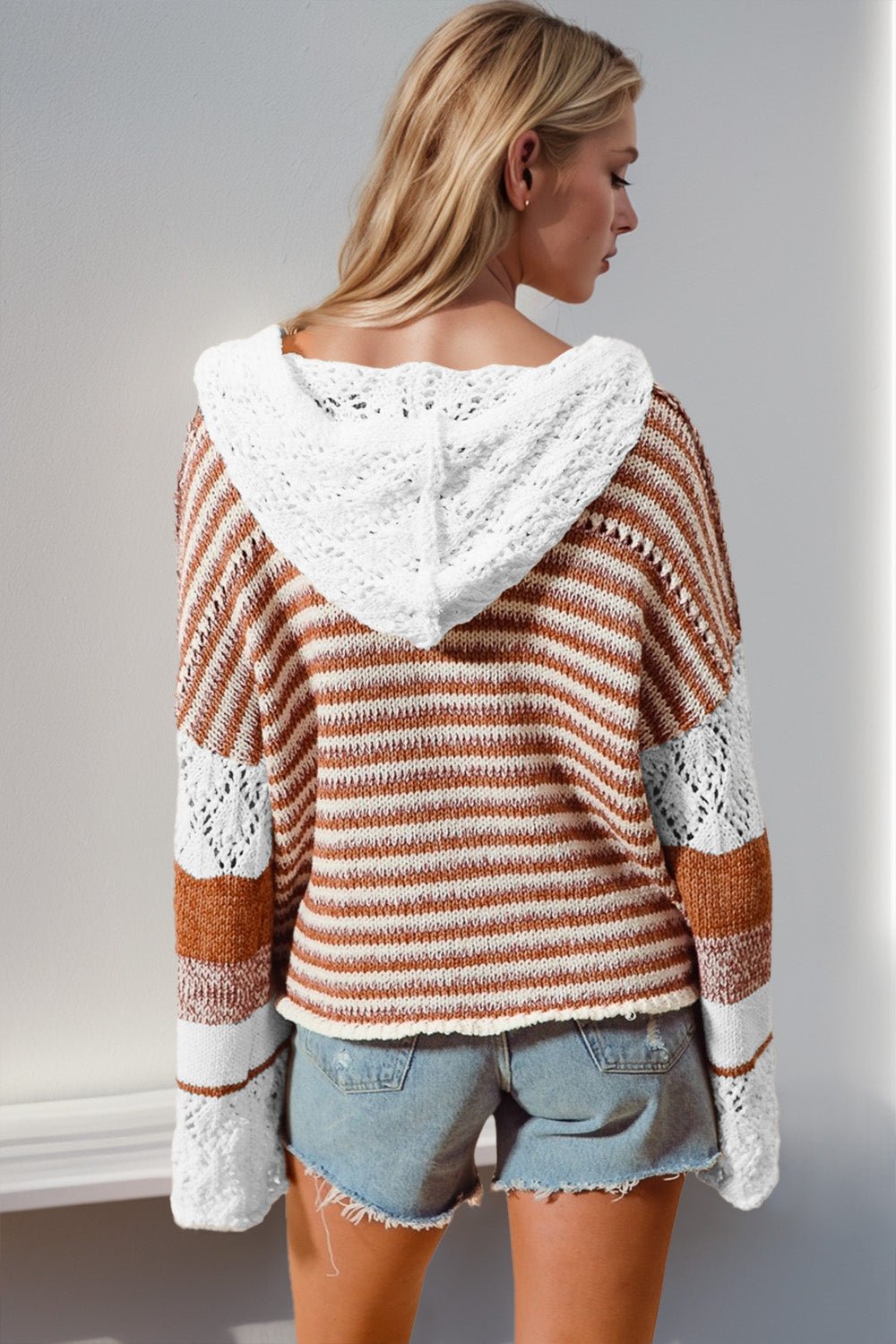 Double Take Full Size Openwork Contrast Long Sleeve Hooded Sweater - Robbi & Angel