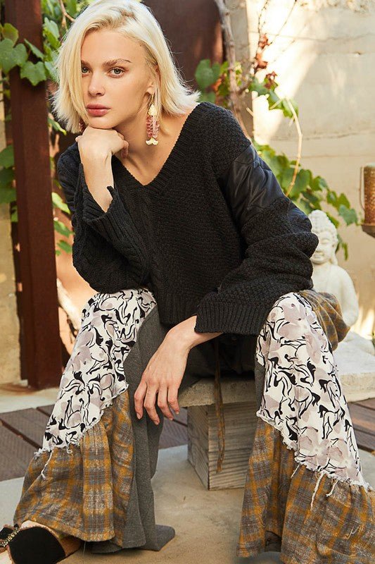 POL Cable Knit Quilting Patch V - Neck Sweater - Robbi & Angel