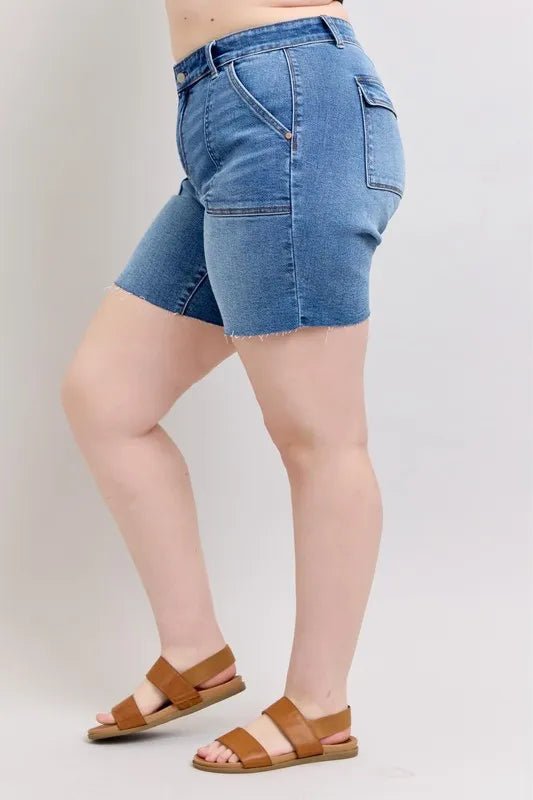 Judy Blue Full Size Mid Rise Bermudas Denim Shorts W/ Back Flap Pockets Plus Size - Robbi & Angel