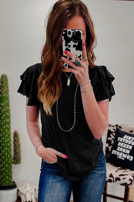 Dark Grey Ruffle Sleeve Plain Blouse - Robbi & Angel
